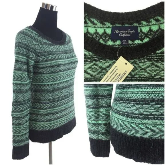 Vintage NWT American Eagle Outfitters Fair Isle Crew Neck Mint Green & Gray Cozy - Picture 5 of 7